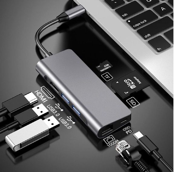 Сетевой адаптер USB-C ProLogix (PR-WUC-105B) 7 in 1 USB3.1 Type C to HDMI+2*USB3.0+PD+Lan+TF+SD